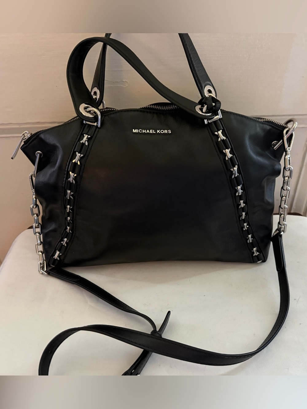 Michael Kors Black Leather Shoulder Bag with Silver Chain Detail